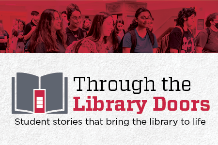 Students moving through the library, with the caption "Through the library doors: Student stories that bring the library to life."